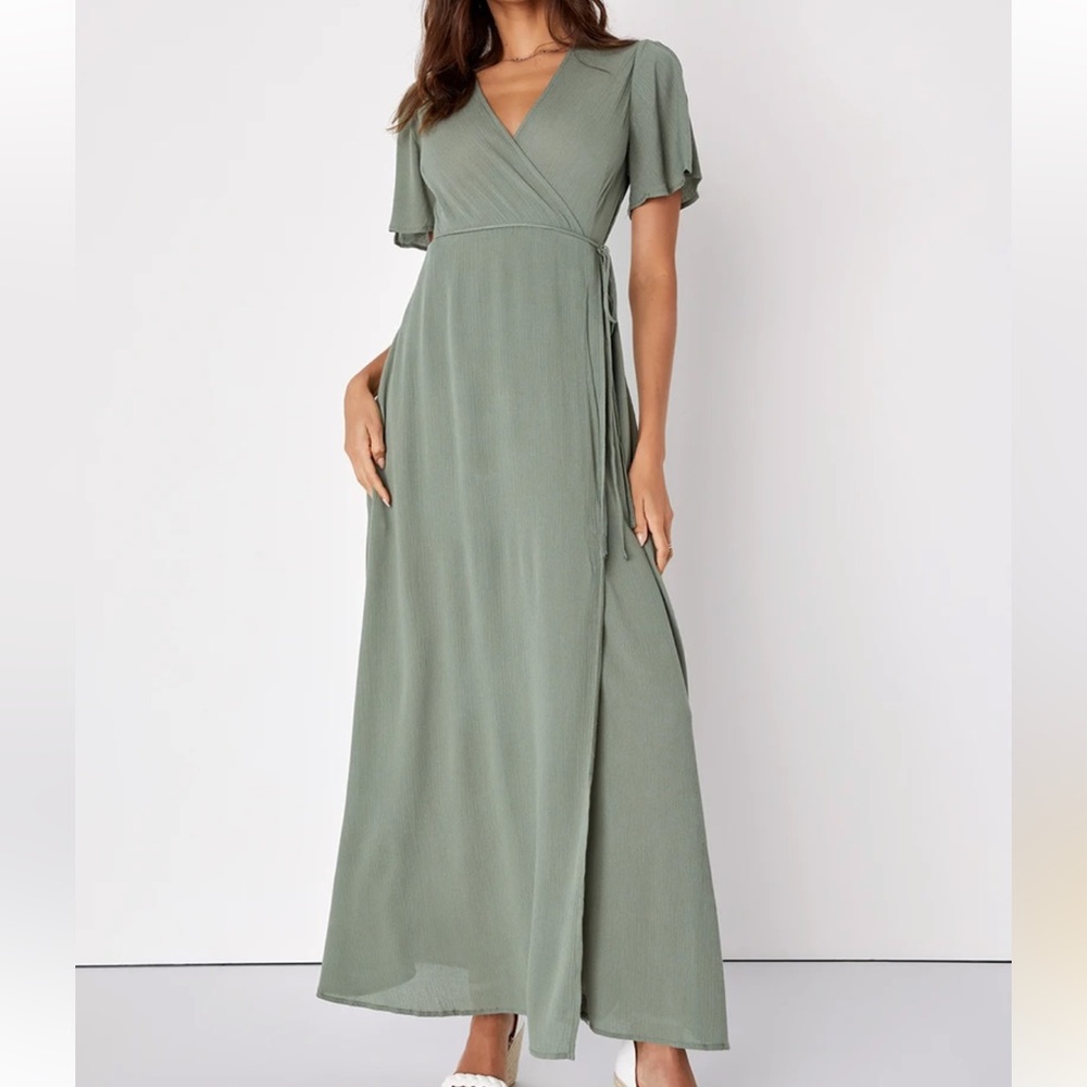 Lulu’s Much Obliged Olive Green Wrap Maxi Dress